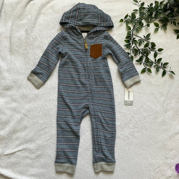 Carter's Hooded Striped Romper 12M | Blue Grey Casual NWT - Picture 1 of 16